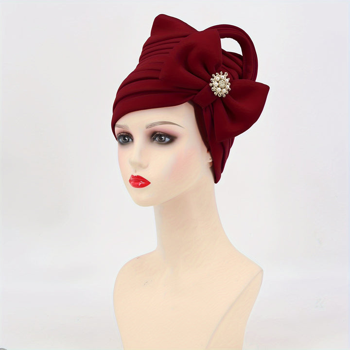 Faux Pearl Alloy Decor Turban Cap Elegant Bow Bandana Multi Layer Wrinkled Trendy Adjustable Hijab Women Hair Accessories