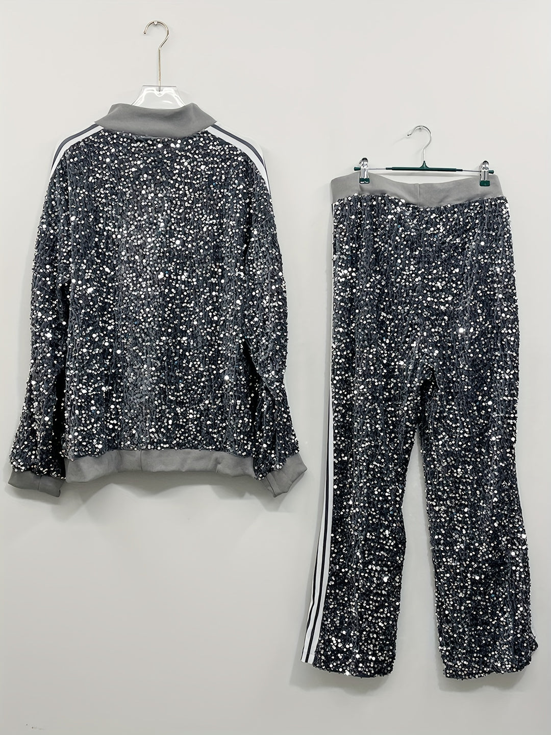 Plus Size Sequin Two-piece Set, Zip Front Long Sleeve Top & Pants Outfits, Women's Plus Size Clothing