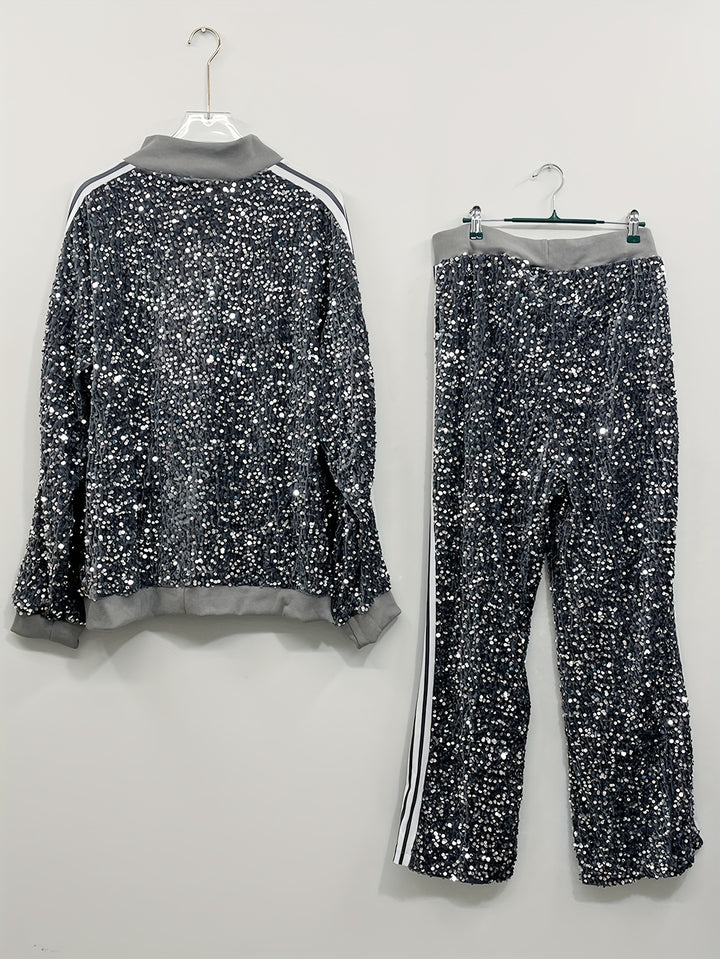 Plus Size Sequin Two-piece Set, Zip Front Long Sleeve Top & Pants Outfits, Women's Plus Size Clothing