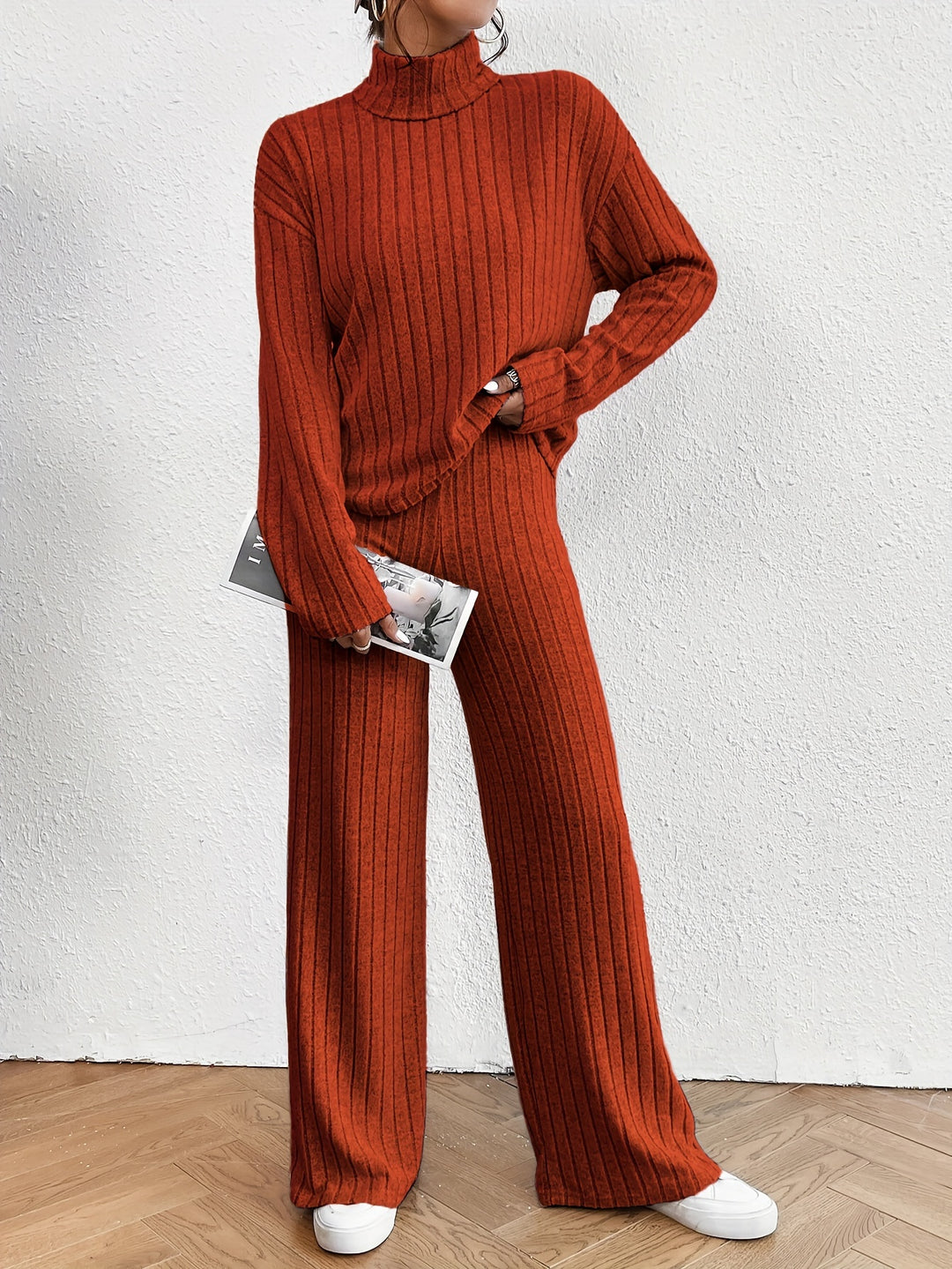 Solid Ribbed Two-piece Set, Turtleneck Long Sleeve Tops & Wide Leg Pants Outfits, Women's Clothing