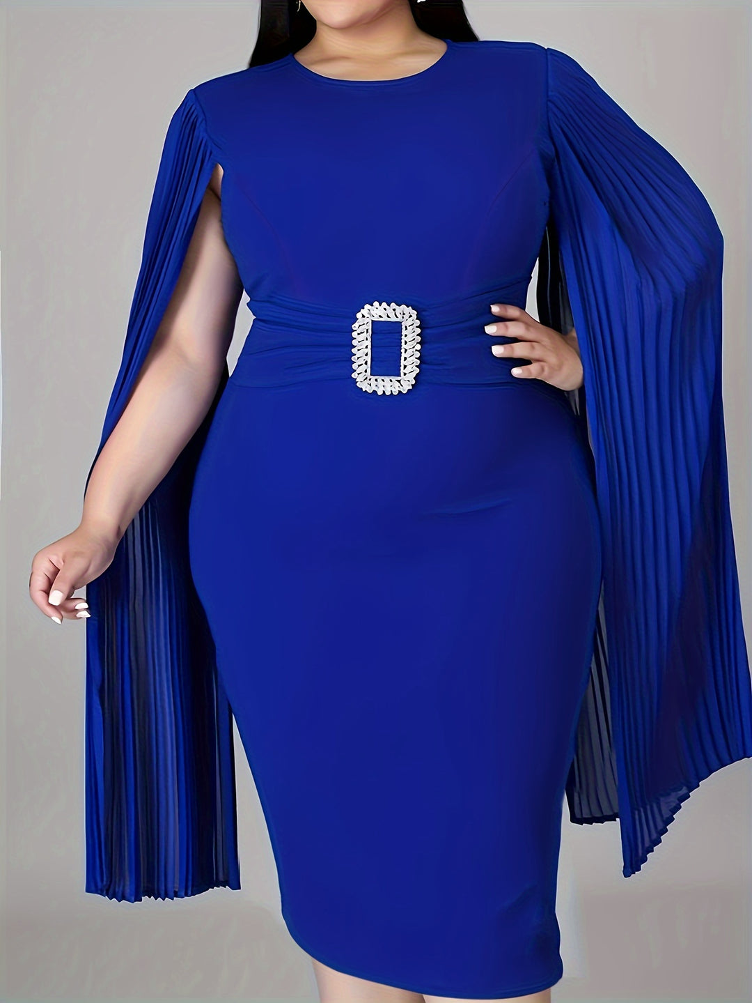 Elegant Plus Size Wedding Guest Dress with Cloak Sleeves and Rhinestone Buckle Belt