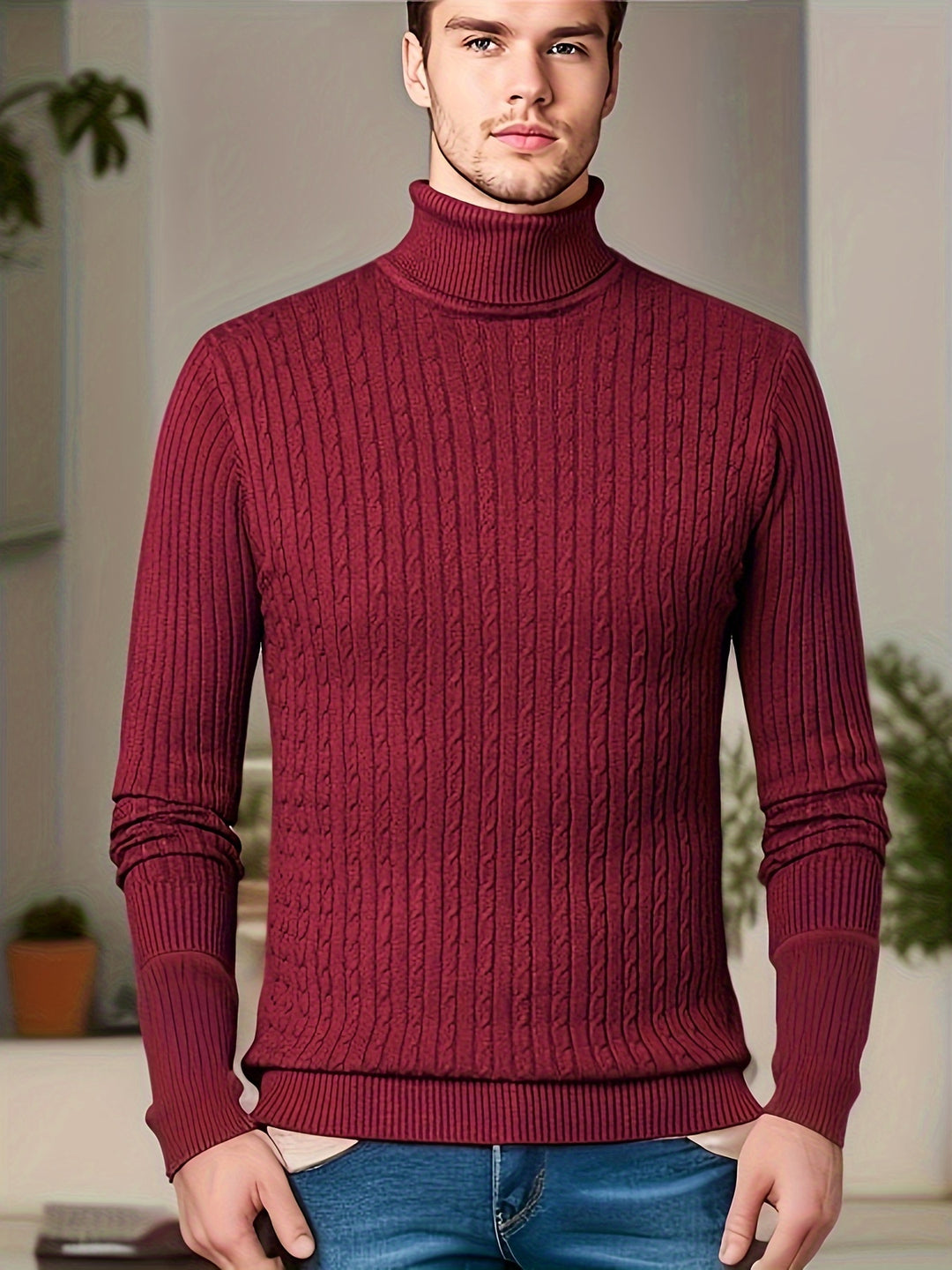 Men's Trendy Knitted Sweater, Casual Mid Stretch Breathable Turtle Neck Top For Outdoor Fall Winter
