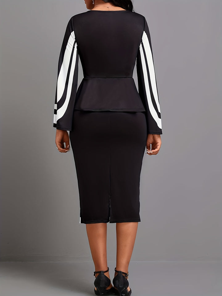 Stylish Plus Size Midi Dress for Women - Striped Print Faux Twinset with Bell Sleeves and Bodycon Fit