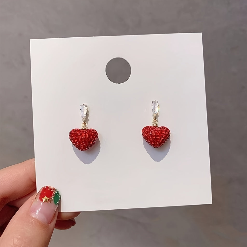 Red Love Earrings Big Red Heart-shaped Imitation Diamond Pendant Light Luxury High-end Earrings Christmas High-end Earrings Gift Jewelry For Women