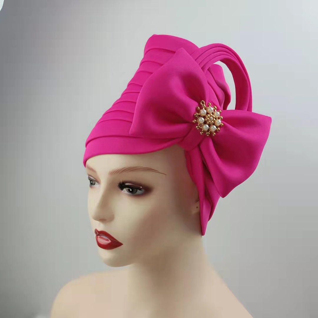 Faux Pearl Alloy Decor Turban Cap Elegant Bow Bandana Multi Layer Wrinkled Trendy Adjustable Hijab Women Hair Accessories