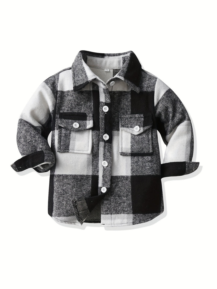 Little Kids Plaid Jacket Stitching Color Long Sleeve Button Down Flannel Preppy Shirt Autumn Coat Outwear For Kid