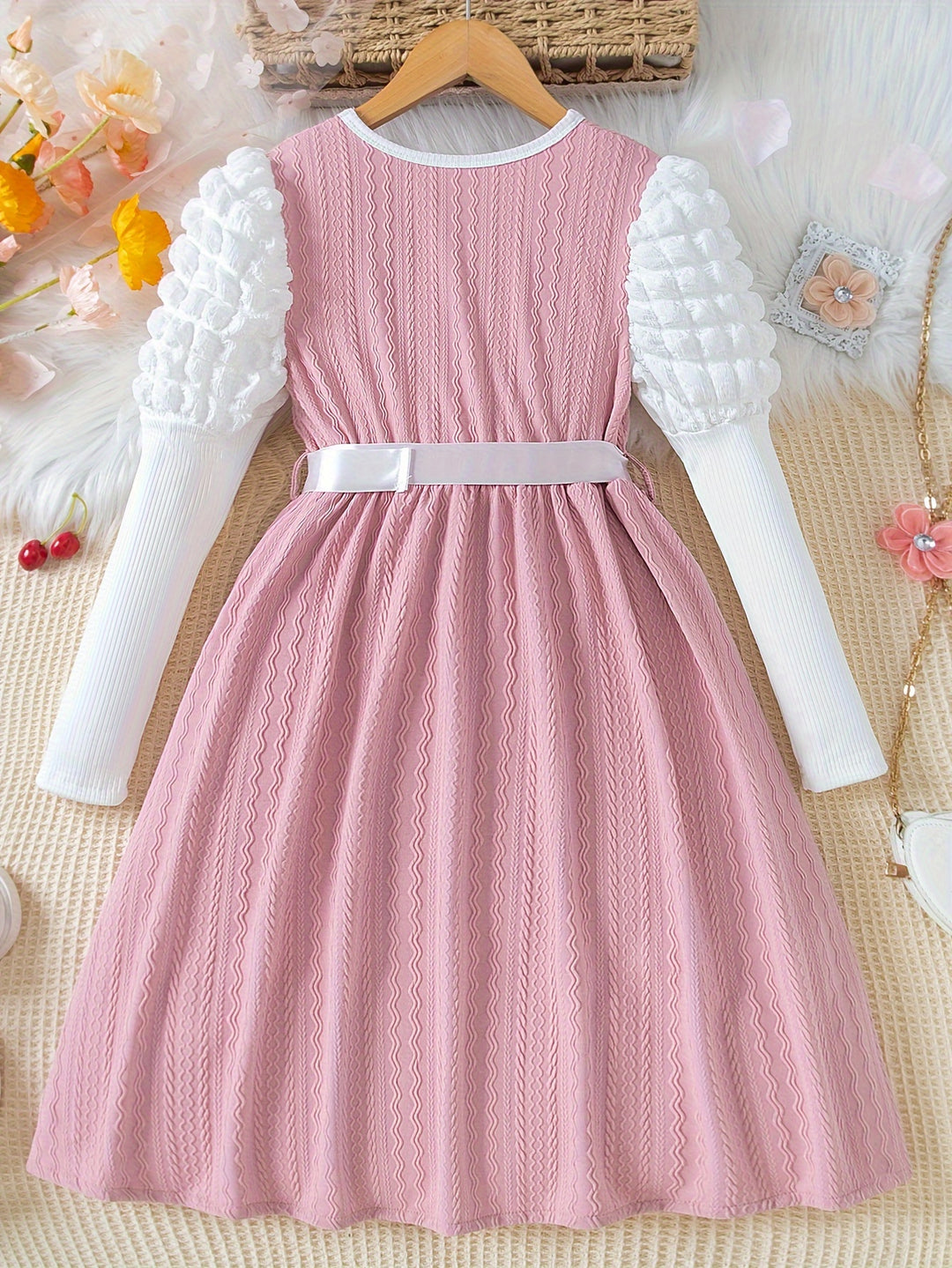 Sweet & Elegant Splicing Puff Long Sleeve Dress For Spring Fall Christmas Gift