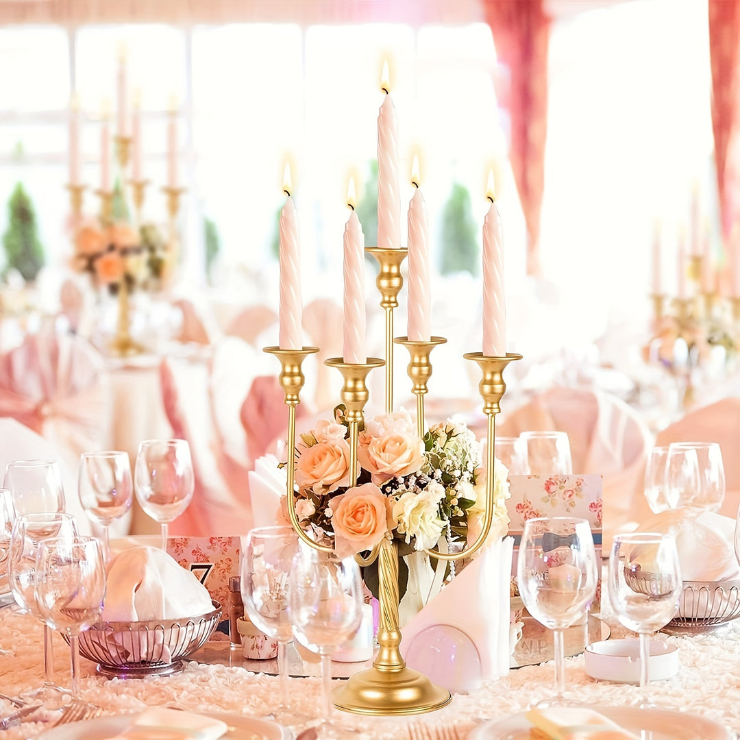 2pcs Golden Candelabra Centerpieces For Tables, Metal Tall Candle Holder For Taper Candles, 5 Arm Candlestick Holder For Wedding Centerpiece Decor Party Event Reception Decoration,19.7in
