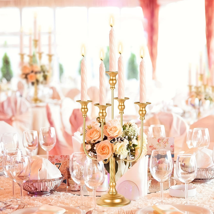 2pcs Golden Candelabra Centerpieces For Tables, Metal Tall Candle Holder For Taper Candles, 5 Arm Candlestick Holder For Wedding Centerpiece Decor Party Event Reception Decoration,19.7in
