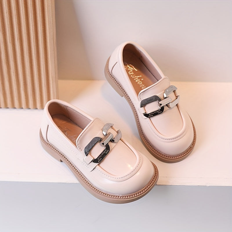 Girls Solid Color Slip On Loafer Shoes With Metallic Decor, Children's Anti-skid Soft Sole Flat Shoes