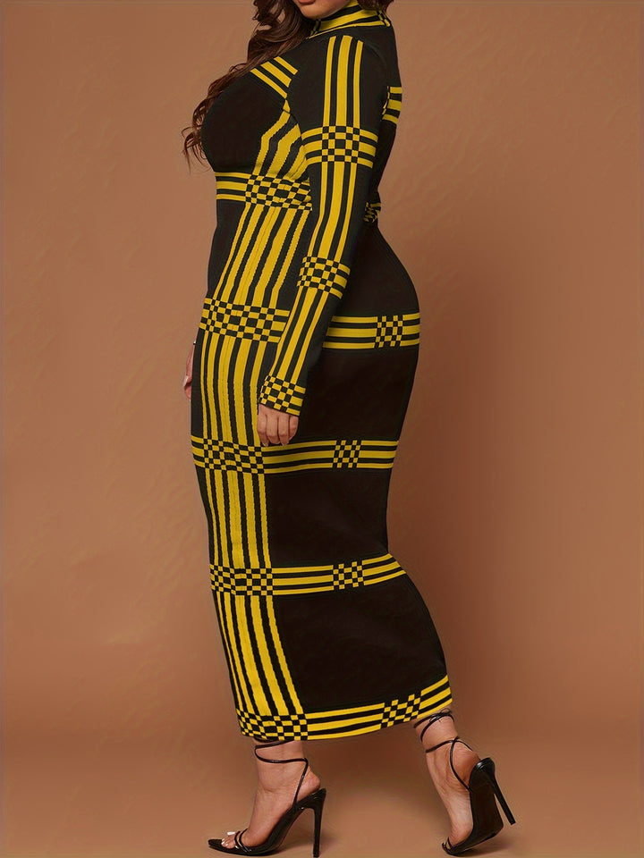 Stylish Plus Size Bodycon Dress with Geometric Print and Turtleneck, Perfect for All Seasons, Women's Plus Size Clothing
