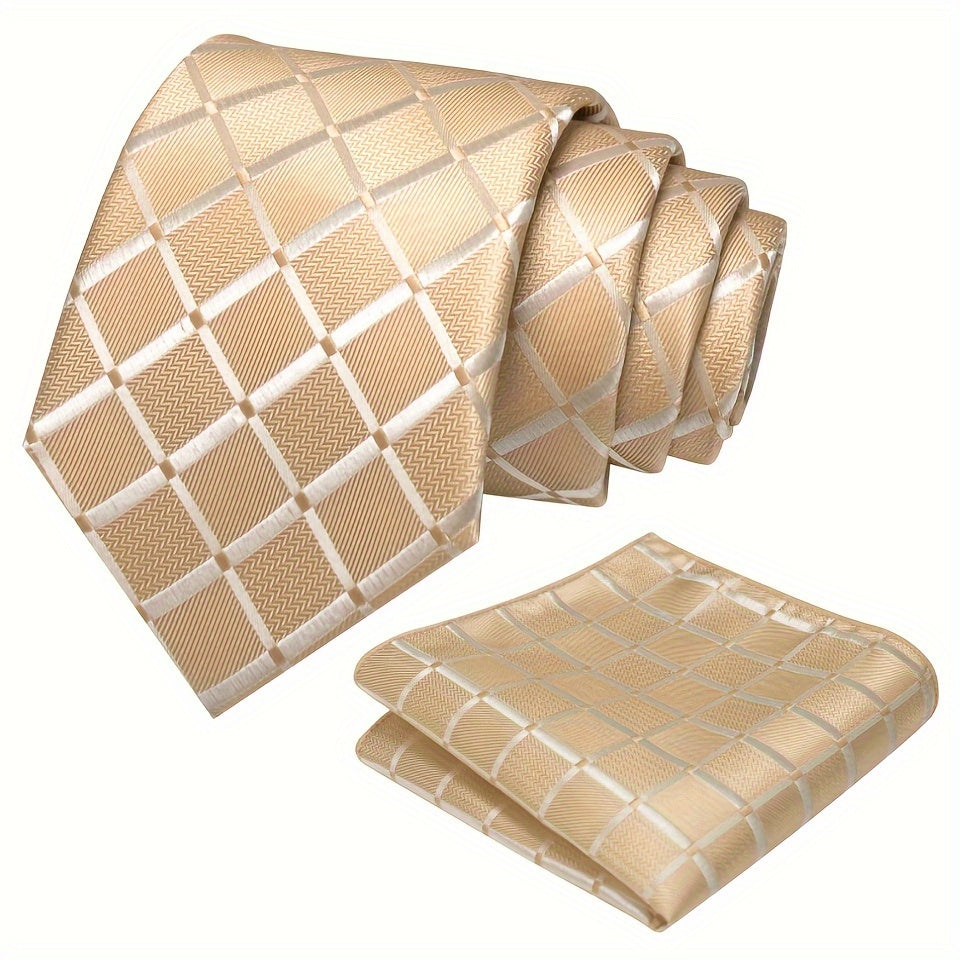 Men's Plaid Tie And Square Towel Set, Suitable For Daily Date Party Holiday Use