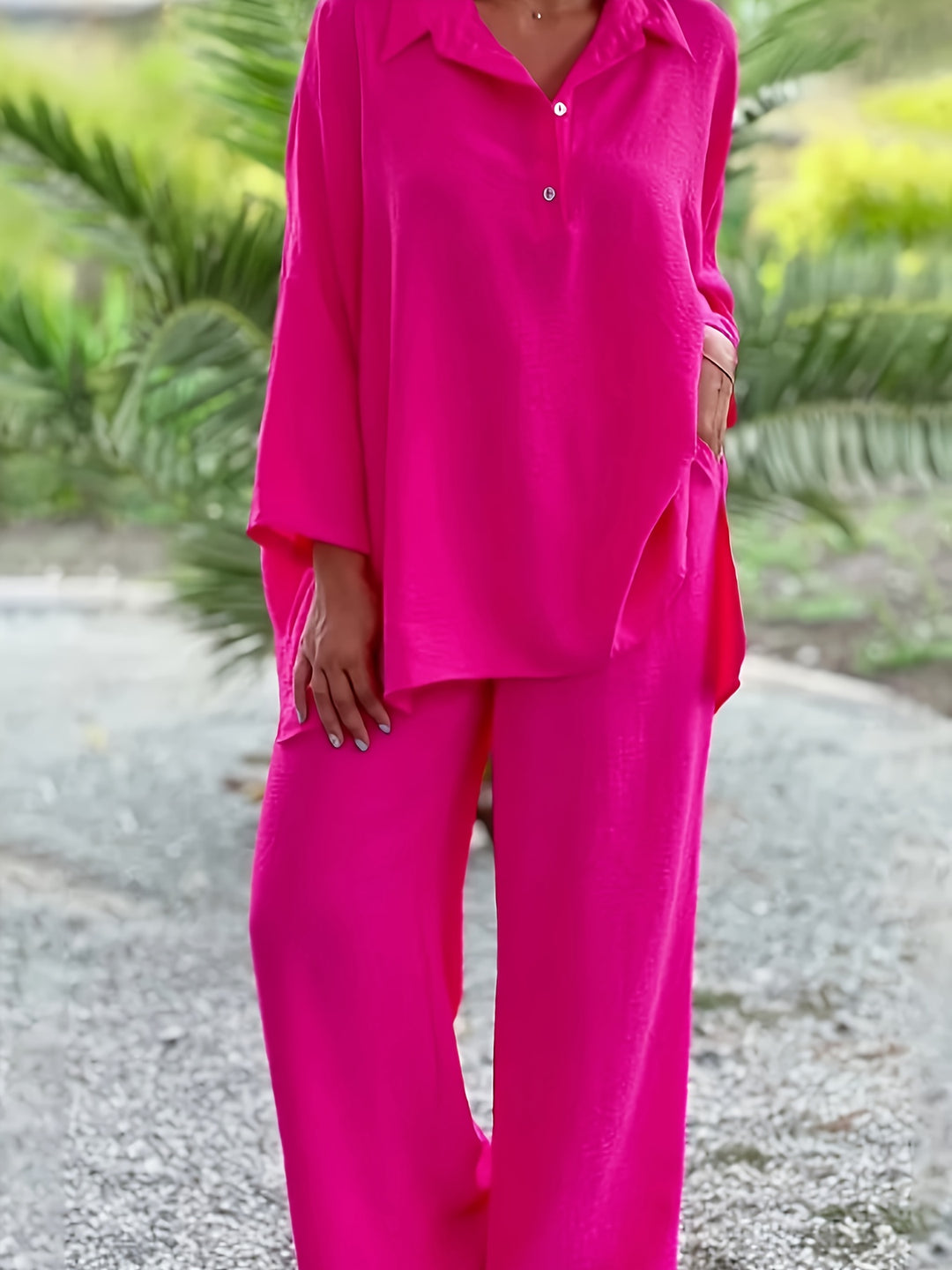 Plus Size Casual Outfits Set, Women's Plus Solid Long Sleeve Button Up Lapel Collar Loose Fit Shirt Top & Pants Outfits Two Piece Set