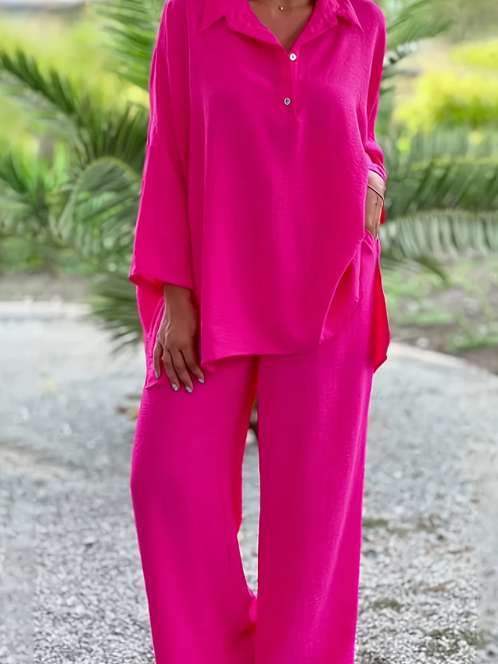 Plus Size Casual Outfits Set, Women's Plus Solid Long Sleeve Button Up Lapel Collar Loose Fit Shirt Top & Pants Outfits Two Piece Set