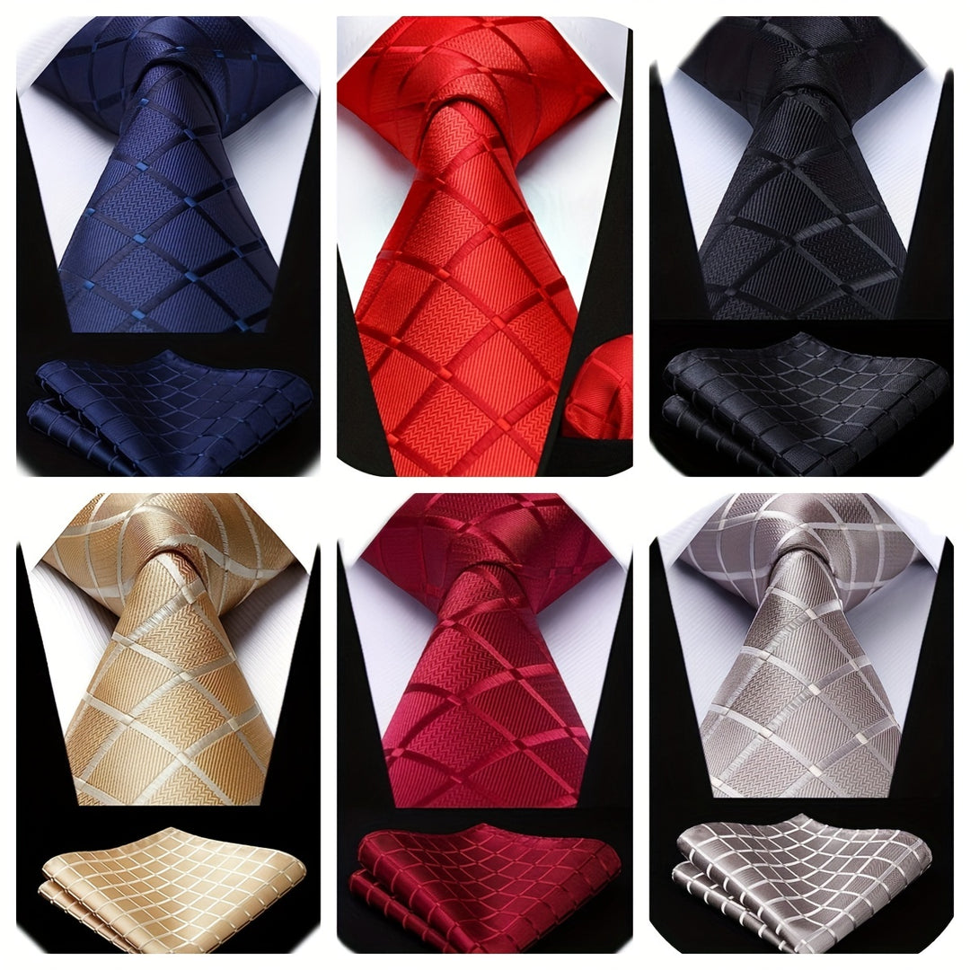 Men's Plaid Tie And Square Towel Set, Suitable For Daily Date Party Holiday Use
