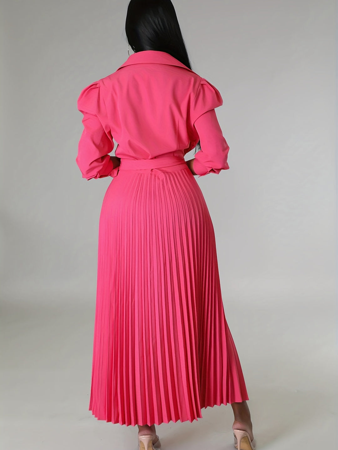 Solid Pleated Dress, Elegant Knotted V Neck 3/4 Sleeve Dress, Women's Clothing