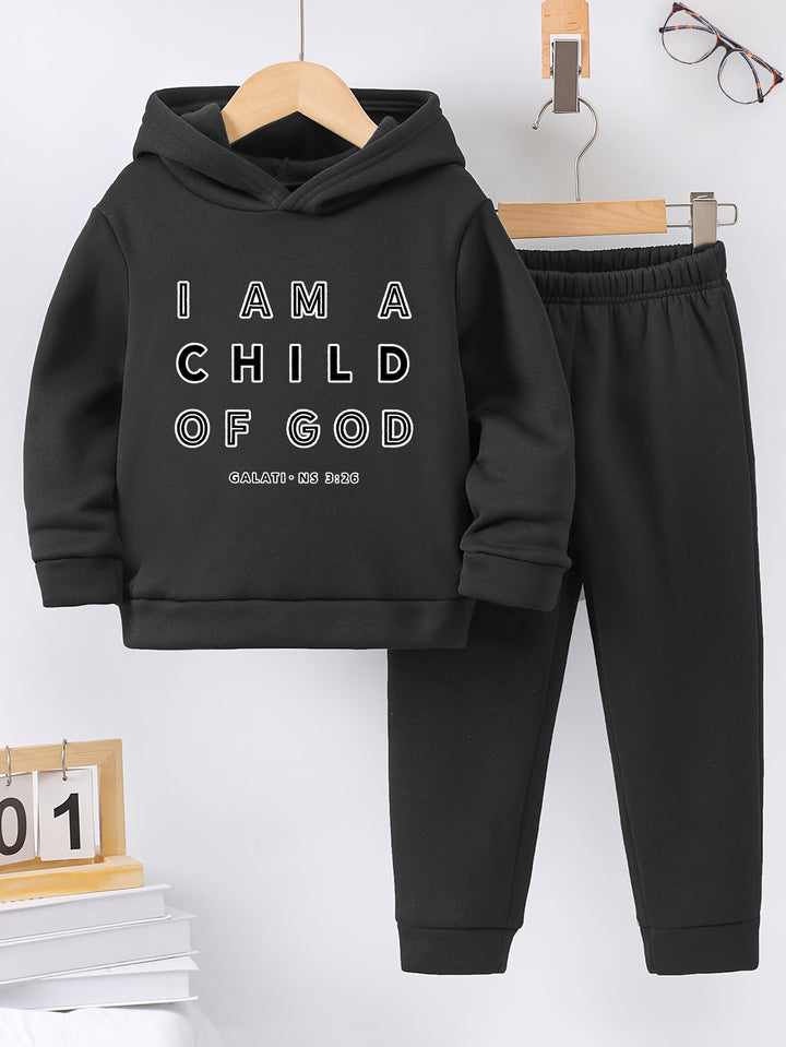 2pcs Boy's "I Am A Child Of God" Print Hooded Outfit, Fleece Lining Hoodie & Jogger Pants Set, Kid's Clothes For Fall Winter, As Gift