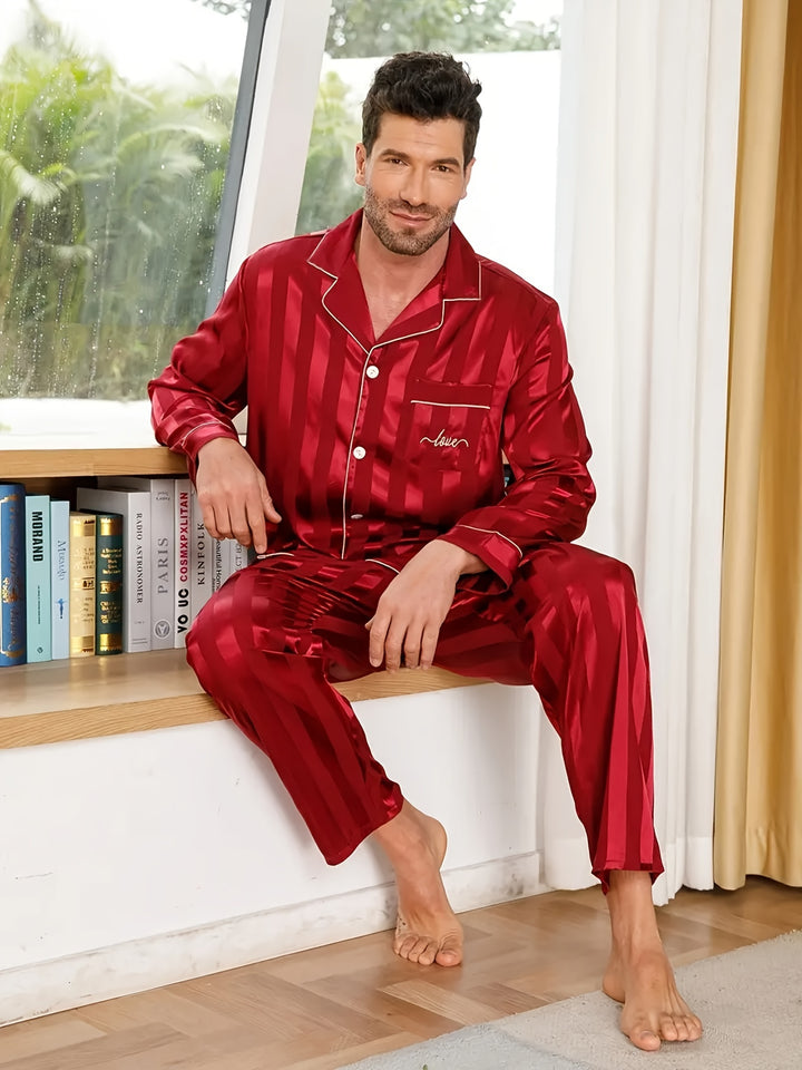 Men's Love Stripe Pattern Long Sleeve Ice Silk Pajamas Set, Button Down Pocket Shirt Top & Trousers Long Pants, Simple Casual Loungewear Set For Spring Autumn Outdoor Home Wear, Two-piece Men's Outfits