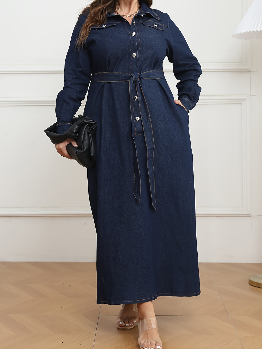 Plus Size Casual Denim Dress, Women's Plus Solid Pipping Button Up Long Sleeve Turn Down Collar Maxi Denim Shirt Dress With Belt