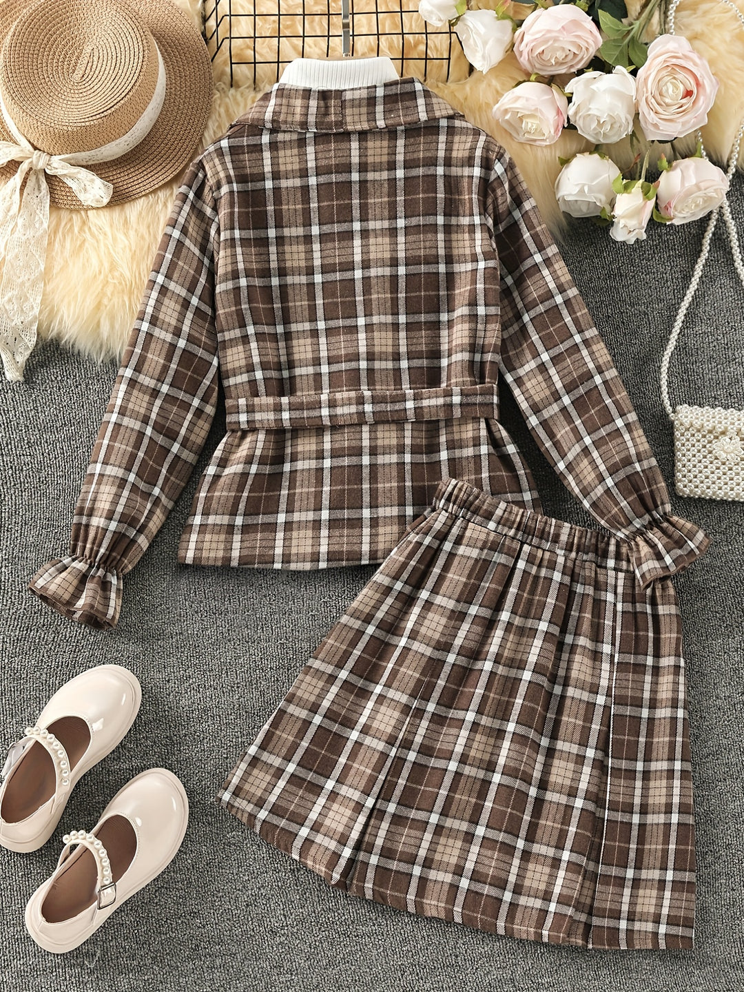 2pcs Girl's Plaid Pattern Outfit, Belted Coat & A-line Skirt Set, Vintage Style, Kid's Clothes For Spring Autumn