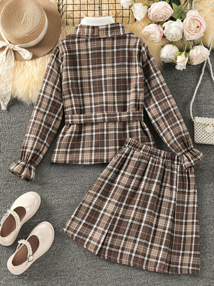 2pcs Girl's Plaid Pattern Outfit, Belted Coat & A-line Skirt Set, Vintage Style, Kid's Clothes For Spring Autumn
