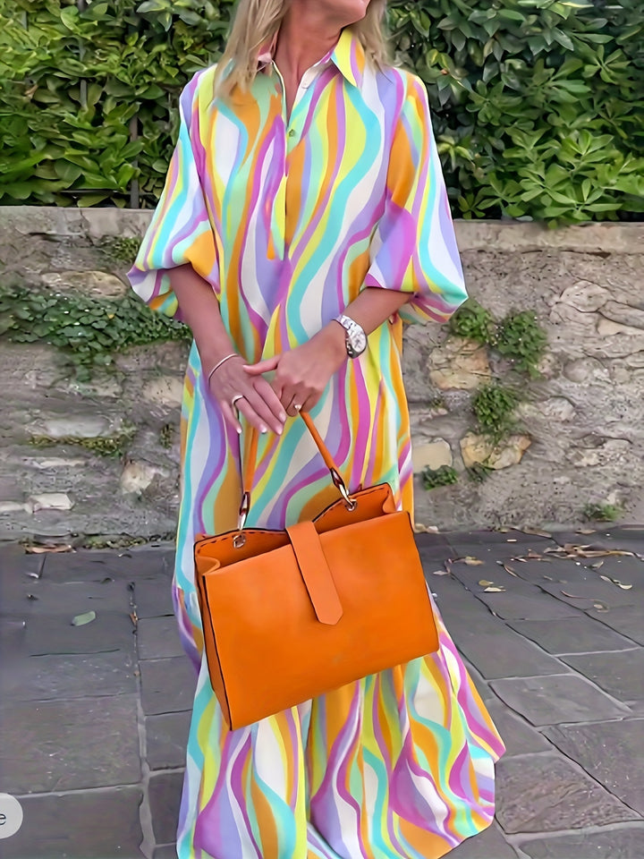 Plus Size Elegant Dress, Women's Plus Colorblock Stripe Print Half Puff Sleeve Button Detail Lapel Collar Smock Pron Maxi Dress