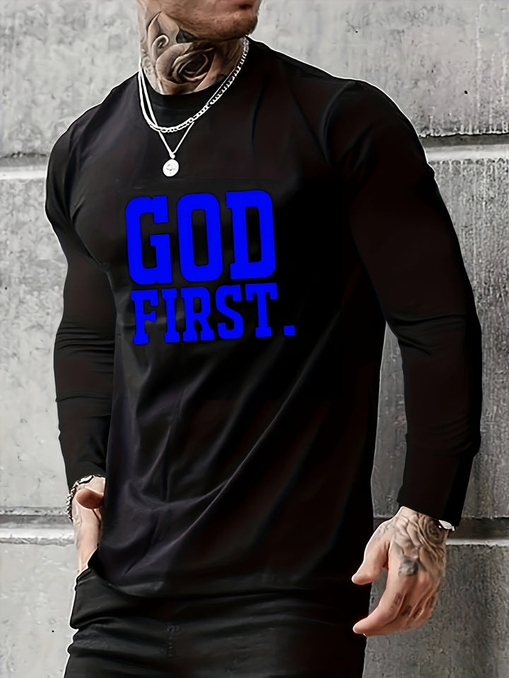 GOD First Print, Men's Graphic Design Crew Neck Long Sleeves Black Active T-shirt, Casual Comfy Shirts For Spring Summer Autumn, Men's Clothing Tops