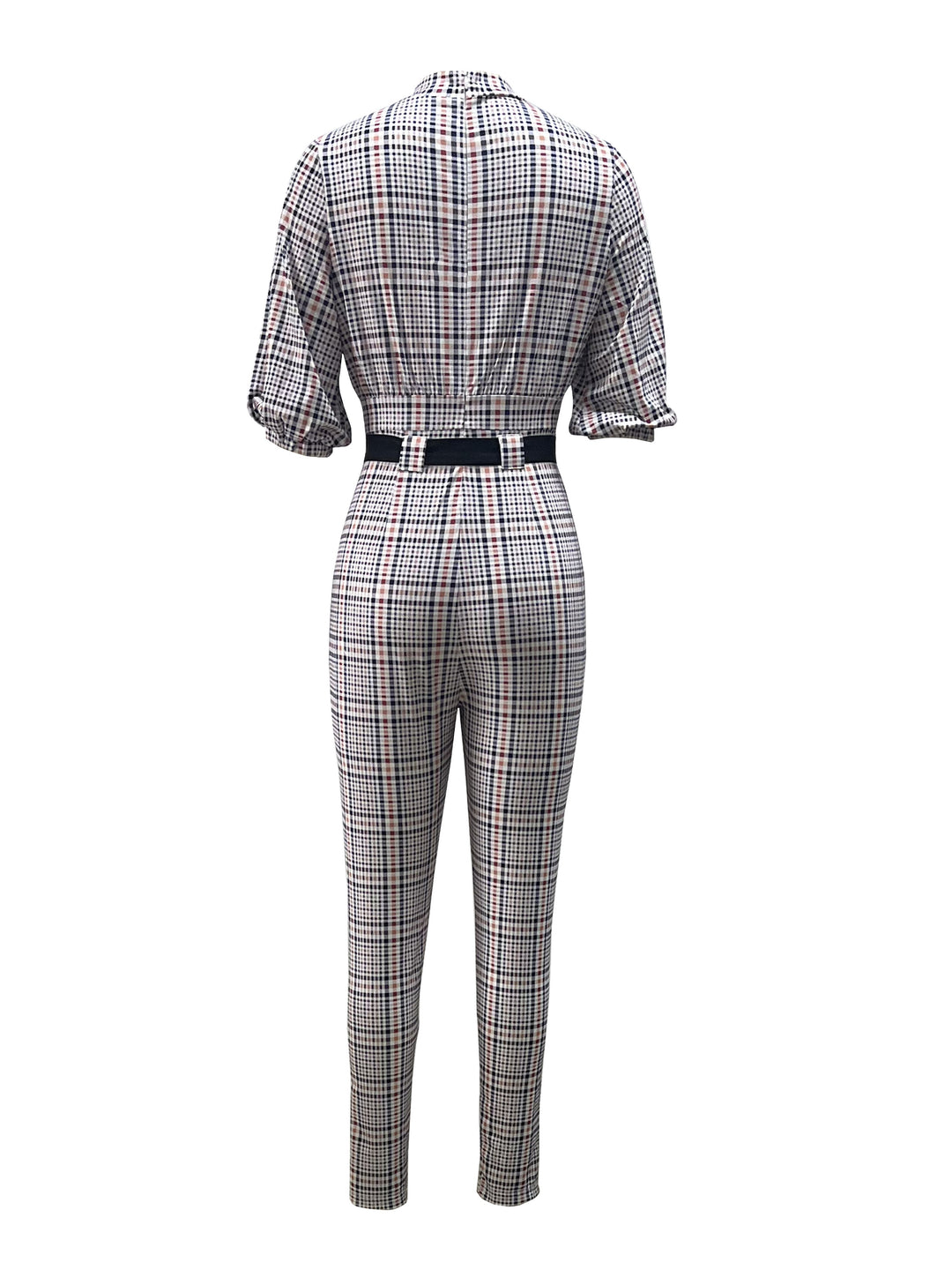 Plaid Pattern Mock Neck Jumpsuit, Casual Puff Sleeve Slim Belted Jumpsuit, Women's Clothing