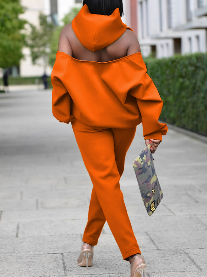 Plus Size Zipper Back Solid Hoodie Sweatshirt & Sweatpants Set, Women's Plus High Stretch 2pcs Set Outfits