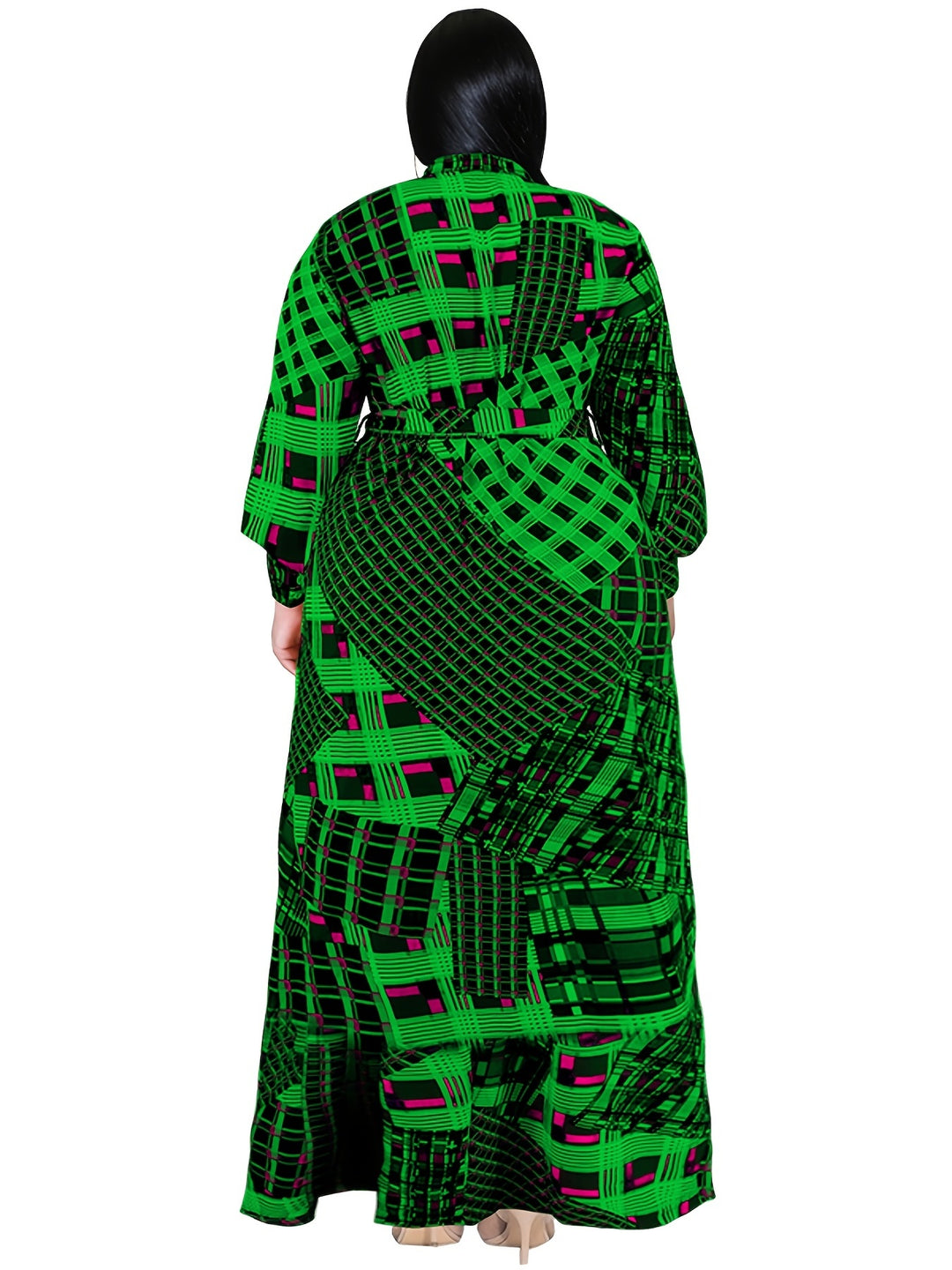 Elegant Plus Size Maxi Dress with Graphic Print and Lantern Sleeves, Perfect for All Seasons