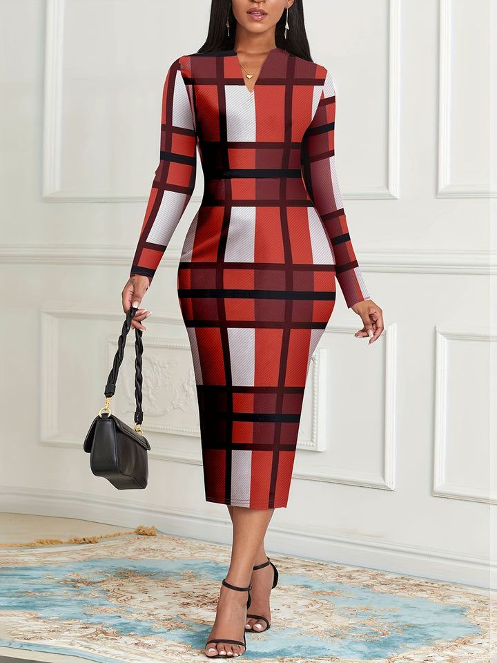 Plus Size Elegant Dress, Women's Plus Plaid Print Long Sleeve Notched Neck Bodycon Midi Dress