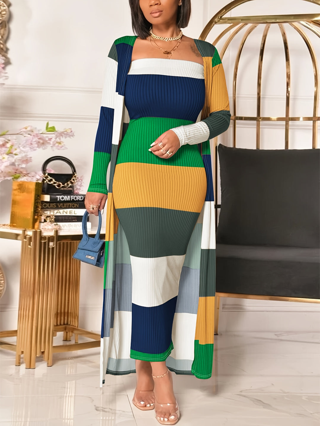Stripe Print Two-piece DressSet, Sleeveless Tube Dress & Open Front Long Sleeve Cardigan Outfits, Women's Clothing
