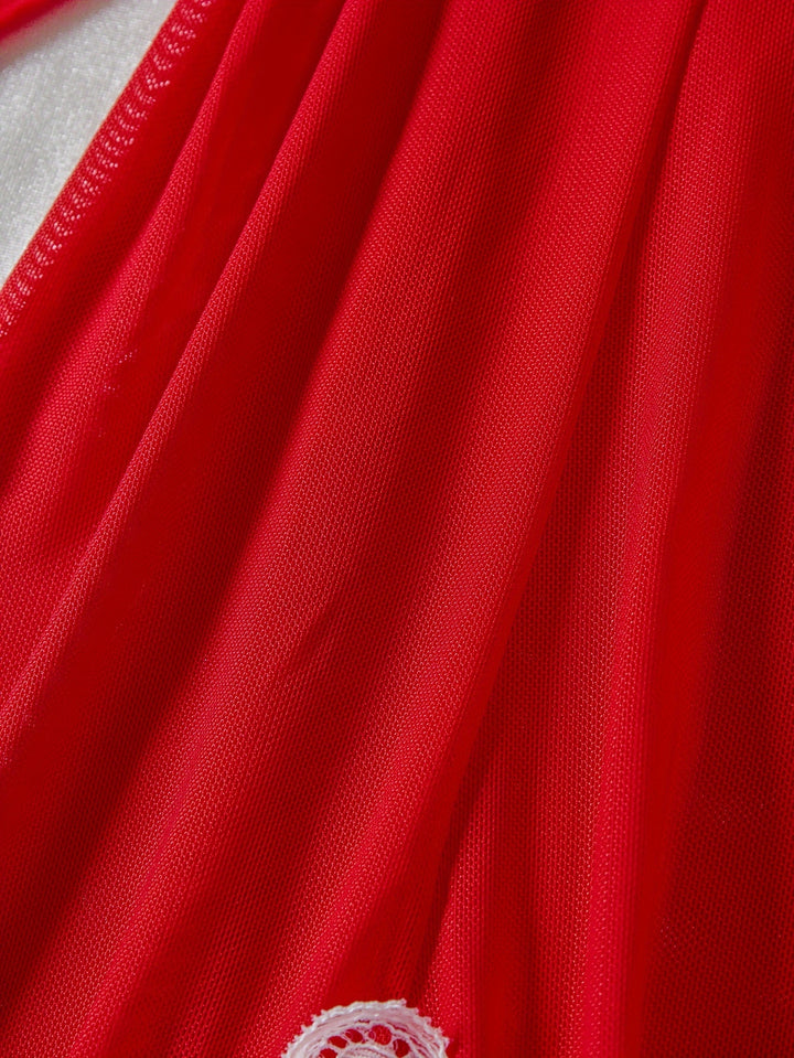 Plus Size Valentine's Day Sexy Lingerie Dress Set, Women's Plus Contrast Lace Lettuce Trim Bow Front Asymmetrical Hem Babydoll Dress & Panty Lingerie 2 Piece Set