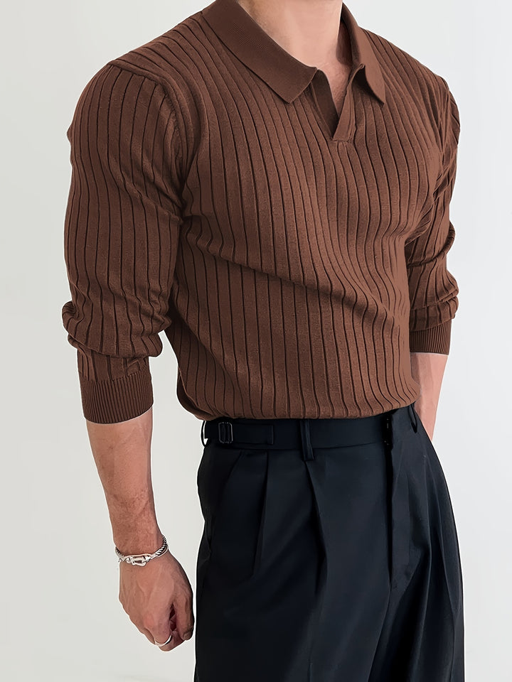Solid Chic Knit Shirt, Men's Casual Lapel Slightly Stretch V-Neck Pullover Sweater For Autumn Winter