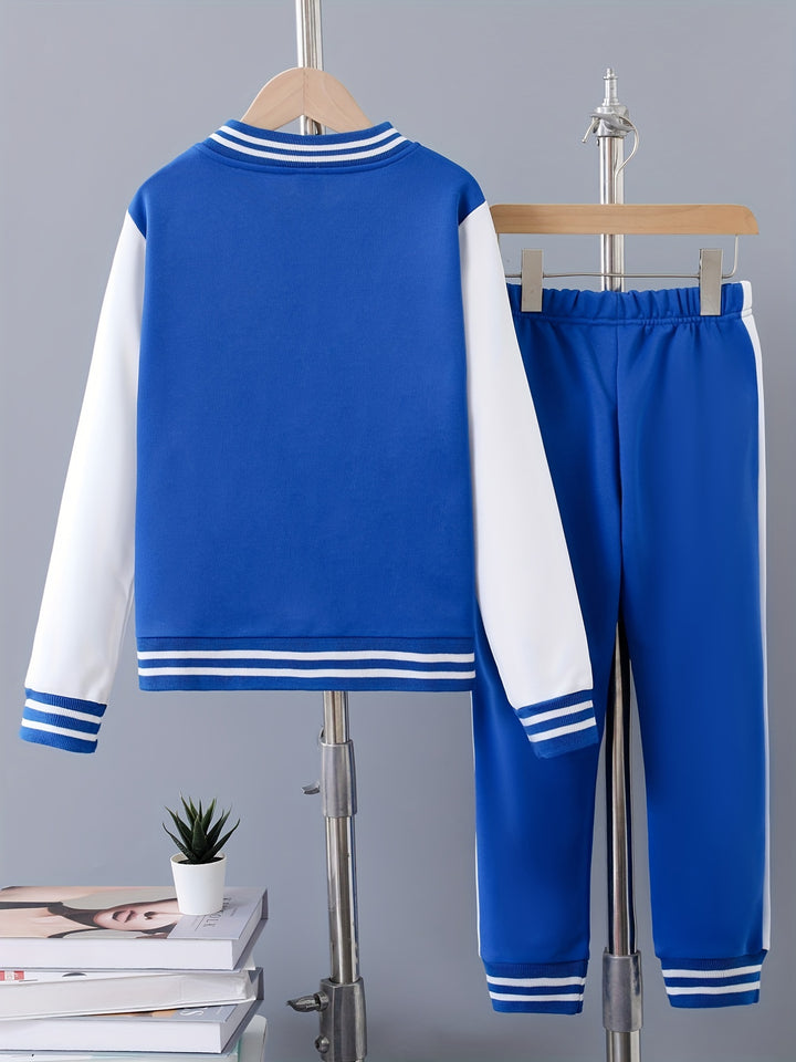 2pcs Boy's Varsity Jacket Outfit, Button Front Coat & Sweatpants Set, Color Clash Bomber Jacket, Kid's Clothes For Spring Fall Winter