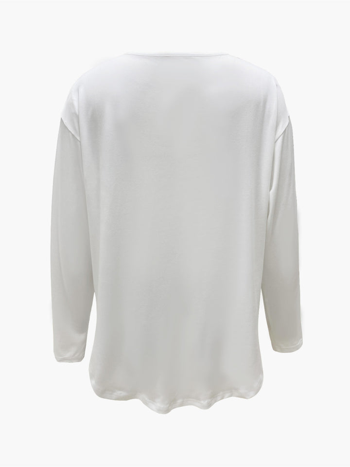 Rhinestone Heart Pattern V Neck T-Shirt, Casual Long Sleeve T-Shirt For Spring & Fall, Women's Clothing