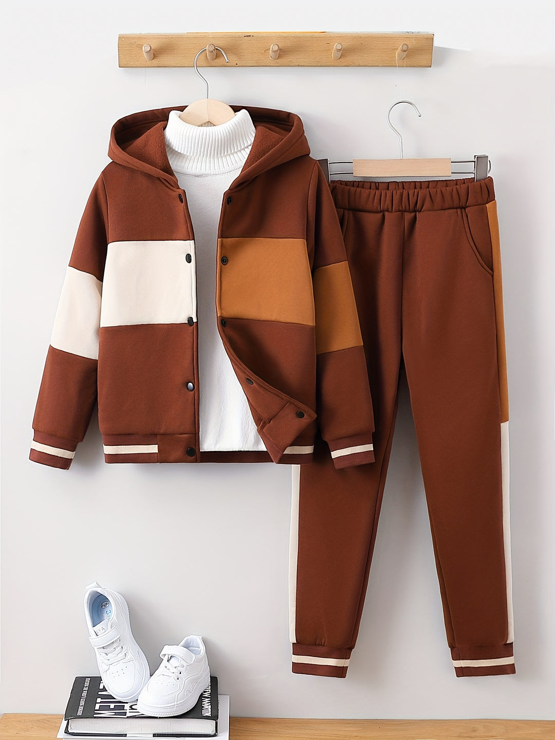 Boy's Color Clash 2pcs, Hooded Jacket & Sweatpants Set, Windproof Casual Outfits, Kids Clothes For Spring Fall