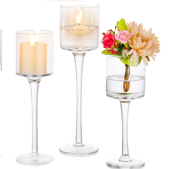 3pcs Inweder Tall Glass Candle Holder - Perfect for Creating a Romantic Atmosphere at Home or for Special Occasions