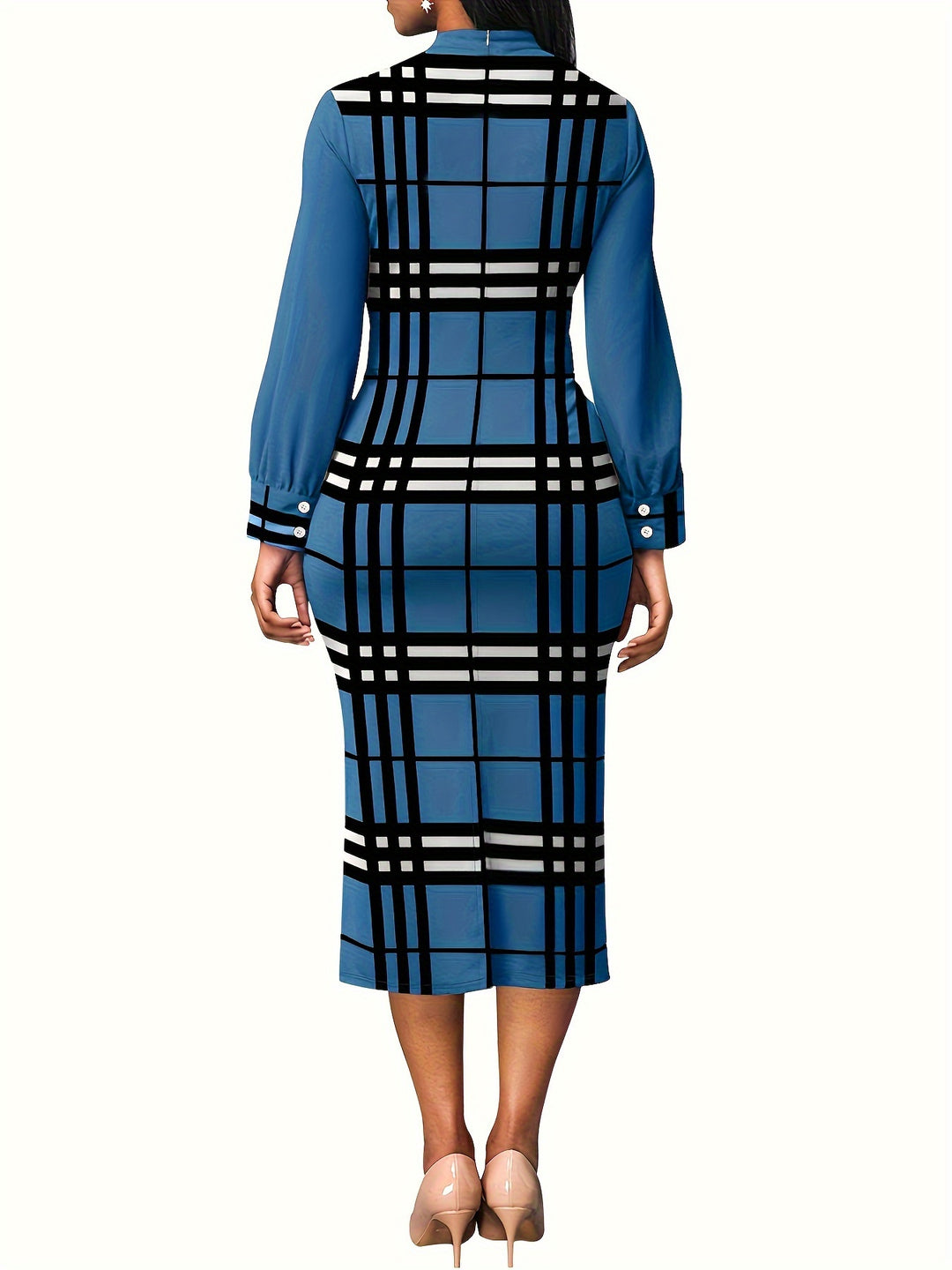 Elegant Plaid Print Dress for Women, Slim Fit Mock Neck Knee-length Dress with Long Sleeves, Perfect for Spring and Fall