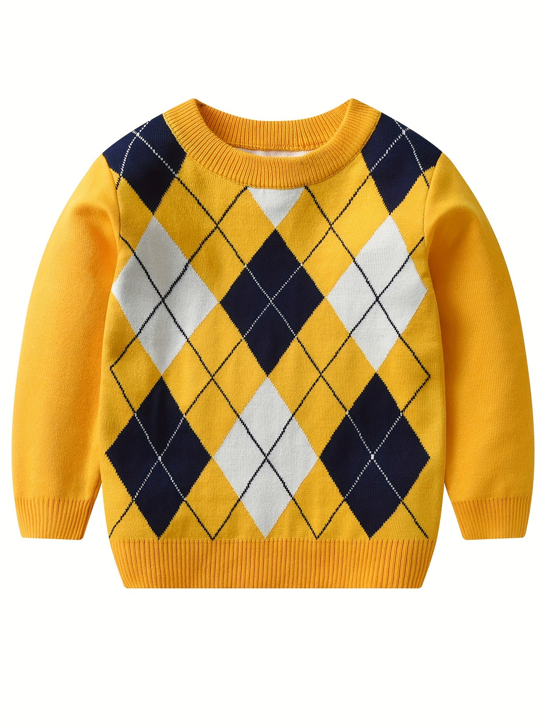 Boys Argyle Pattern Sweater Round Neck Long Sleeve Stretch Warm Knit Pullover Top Kids Clothes Outdoor