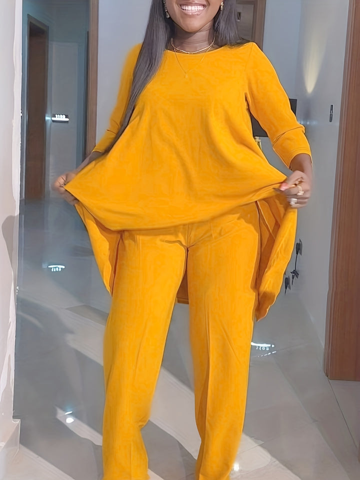 Plus Size Casual Outfits Two Piece Set, Women's Plus Solid Long Sleeve Round Neck Tunic Top & Pants Outfits 2 Piece Set