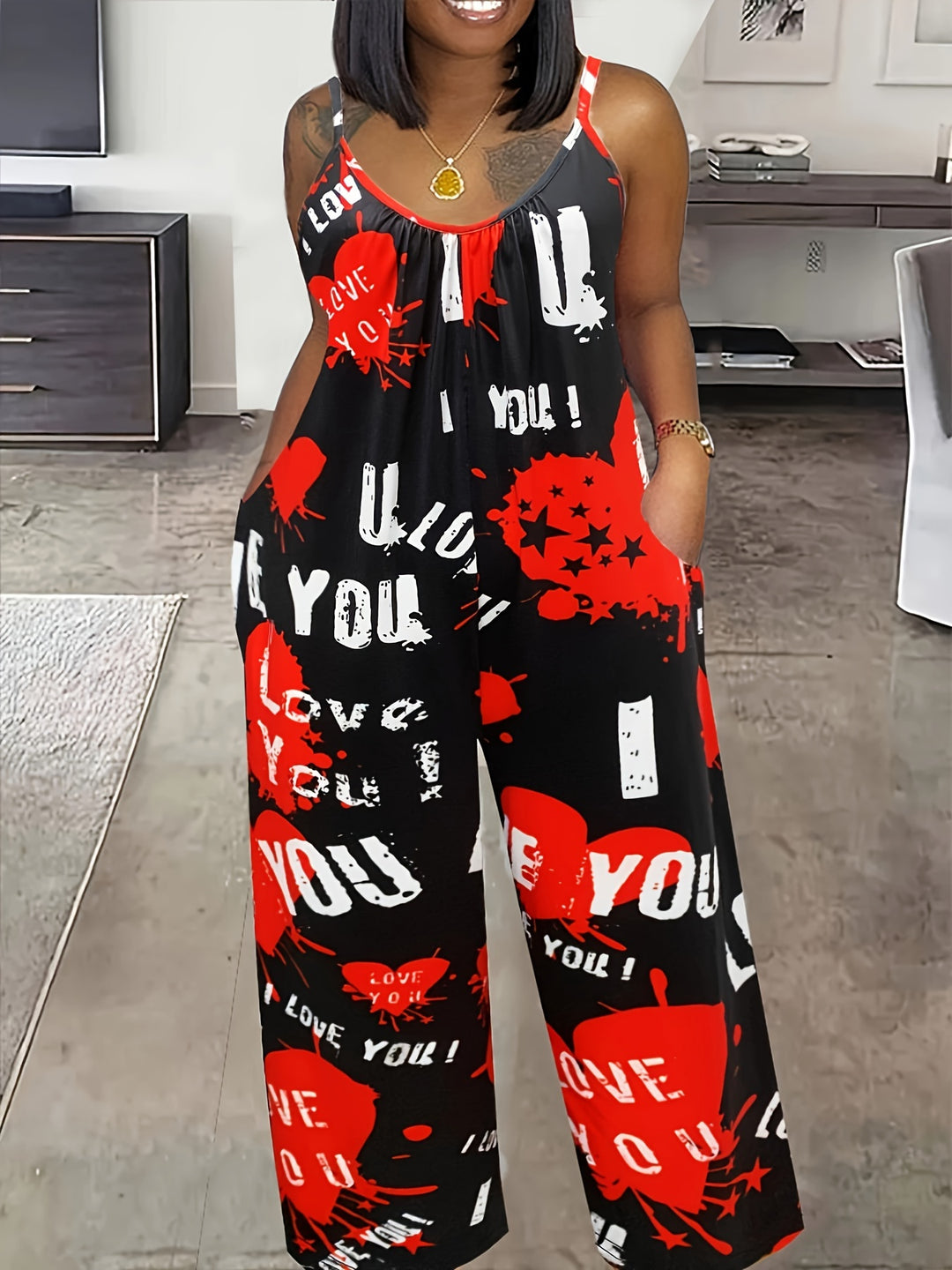 Women's Valentine's Day Jumpsuit, Plus Size Heart & Slogan Print Round Neck Wide Leg Cami Jumpsuit With Pockets