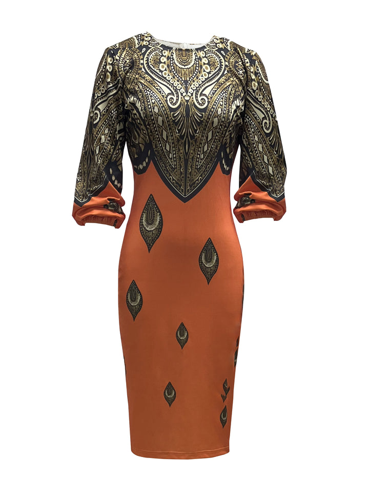 Paisley Print Lantern Long Sleeve Dress, Crew Neck Casual Every Day Dress For Spring & Fall, Women's Clothing
