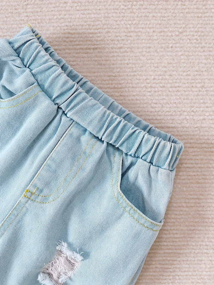 Toddler Baby Boys Stylish Outfit - Long Sleeve Stitching Pullover + Ripped Jeans Set