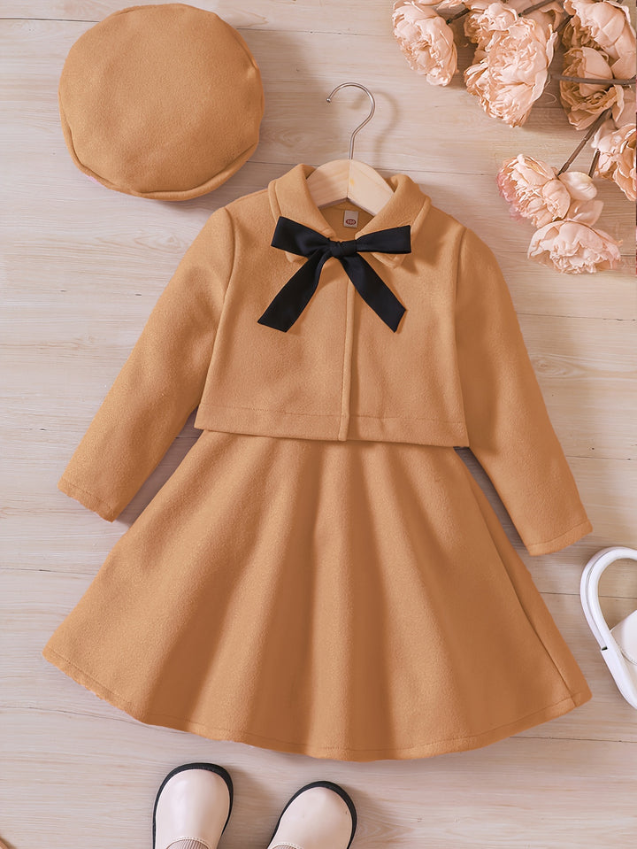 Girl's Elegant Outfit 3pcs, Bowknot Coat & Beret & Tank Dress Set, Kid's Clothes For Spring Autumn Christmas