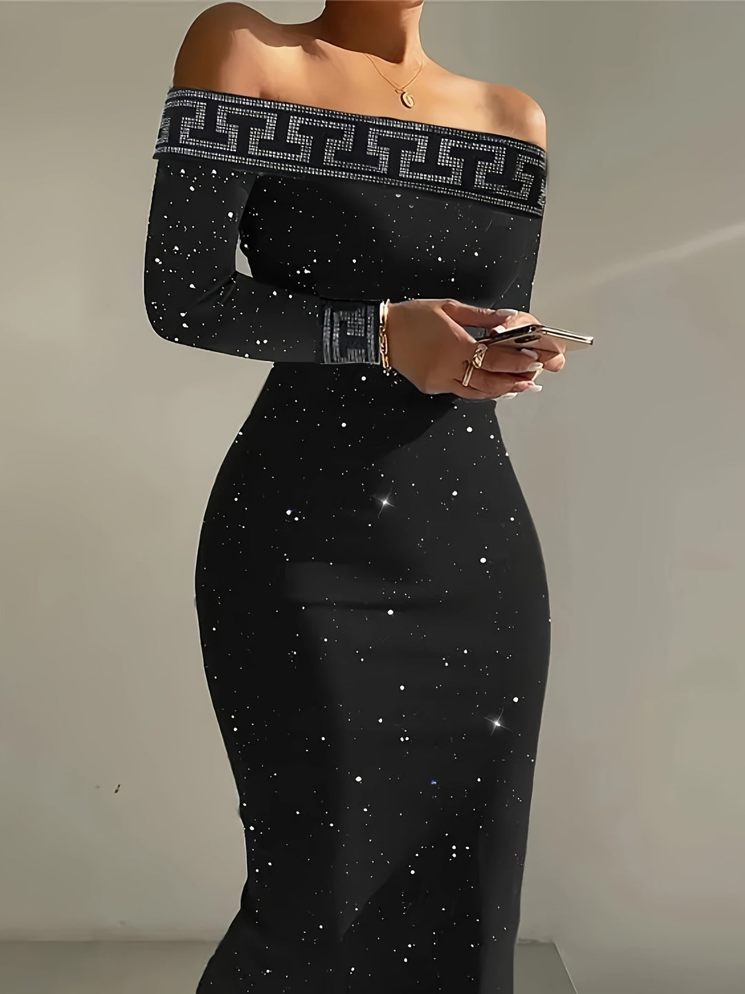 Elegant Plus Size Rhinestone Dress with Geometric Pattern, Perfect for Spring and Fall