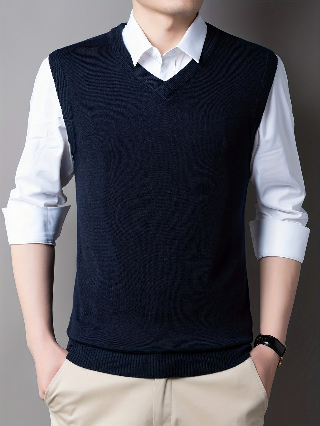 Casual Knitted Pullover, V-neck Sleeveless Thermal Jacket, Wool Vest, Men's Tank Top  For Autumn And Winter