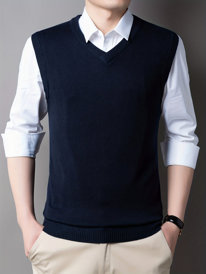 Casual Knitted Pullover, V-neck Sleeveless Thermal Jacket, Wool Vest, Men's Tank Top  For Autumn And Winter