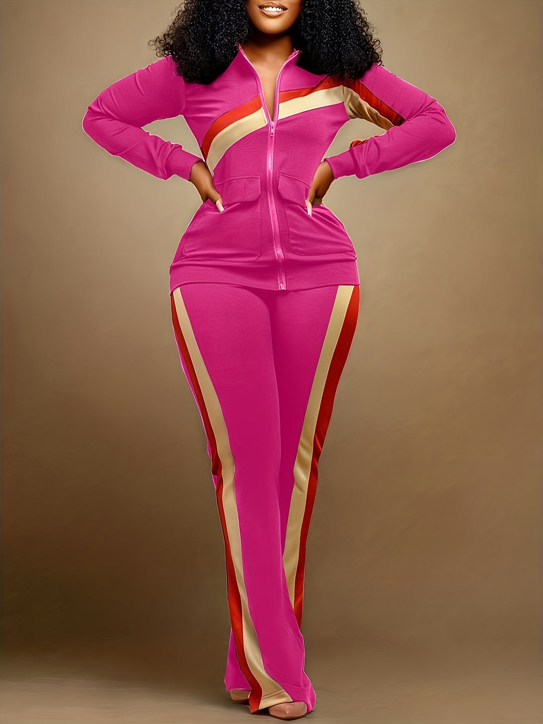 Plus Size Striped Print Jacket & Pants Set, Women's Plus Slight Stretch 2pcs Casual Set Outfits