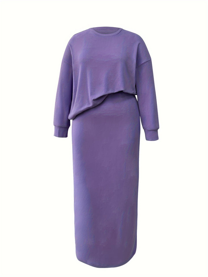 Plus Size Casual Outfits Set, Women's Plus Solid Long Sleeve Drop Shoulder Top & Skirt Outfits 2 Piece Set